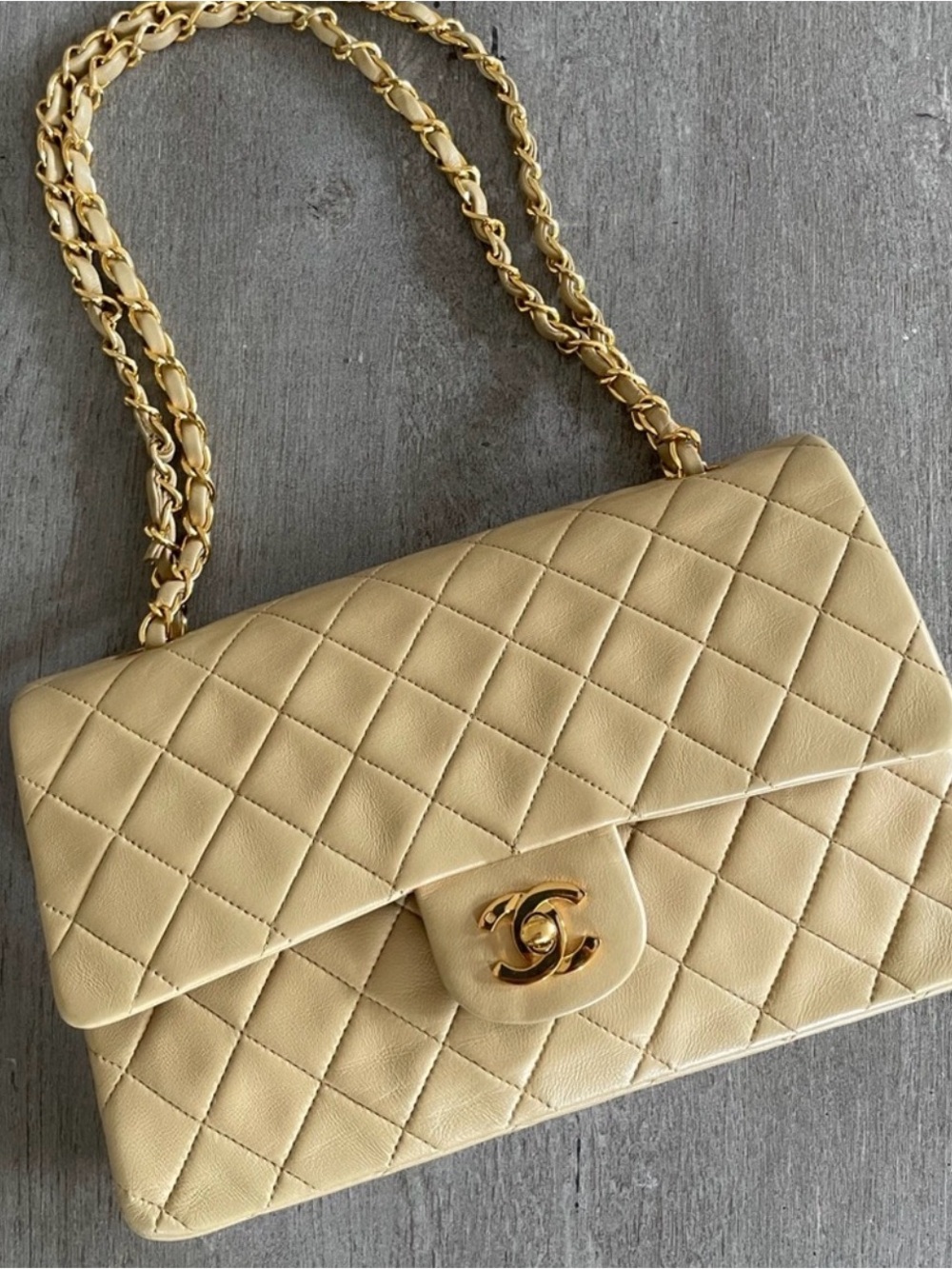 Vintage CHANEL Quilted Double Flap in Beige with 24k Gold hardware